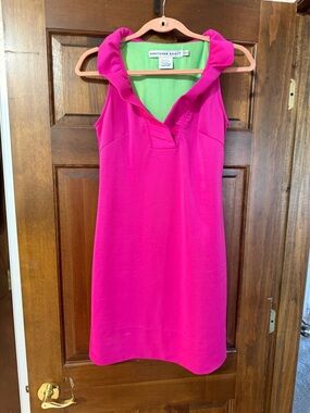 Gretchen Scott Bright Pink Sleeveless Shift with Ruffle Collar